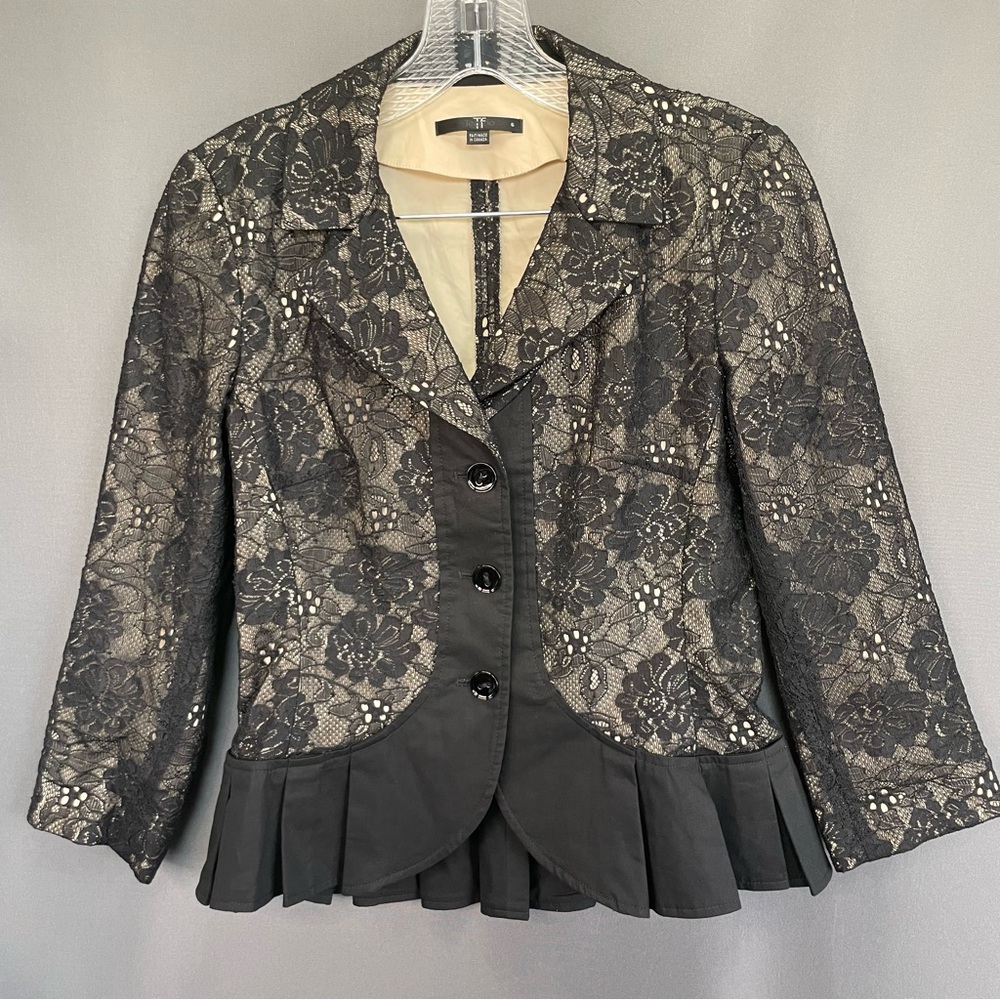 Teenflo floral black lace and pleated button down blazer office attire